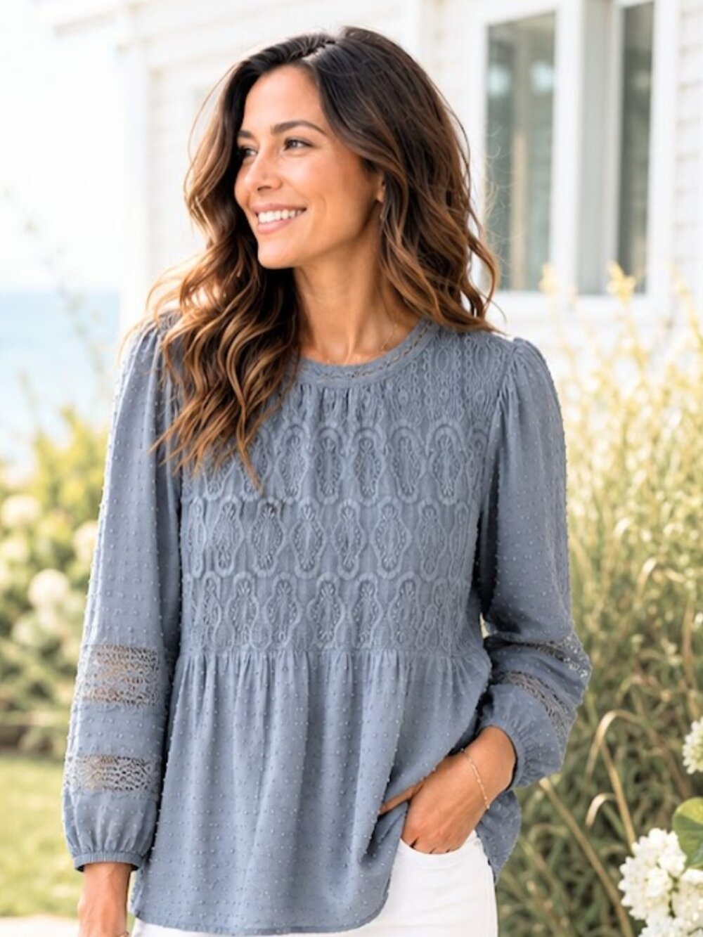 One September Meda Lace Top Anthropologie Swiss Dot Blouse Blue XL